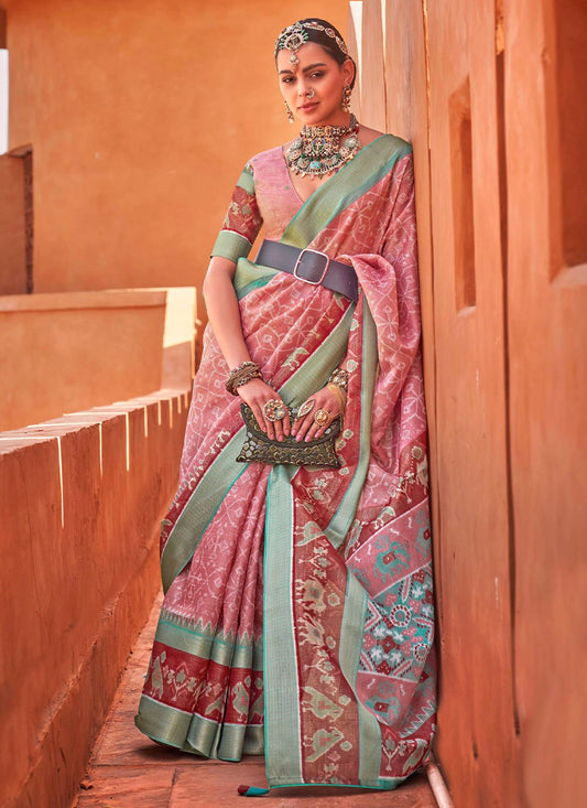 Trendy Saree Cotton Silk Peach Foil Print Saree