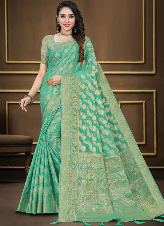 Classic Cotton Silk Turquoise Woven Saree