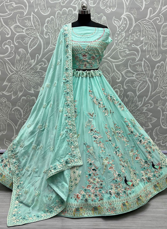 Lehenga Choli Cotton Silk Aqua Blue Dori Work Lehenga Choli