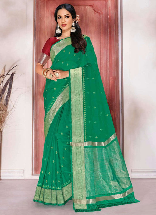 Classic Cotton Silk Sea Green Woven Saree