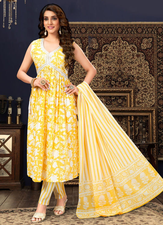 Salwar Suit Cotton Silk Yellow Embroidered Salwar Kameez