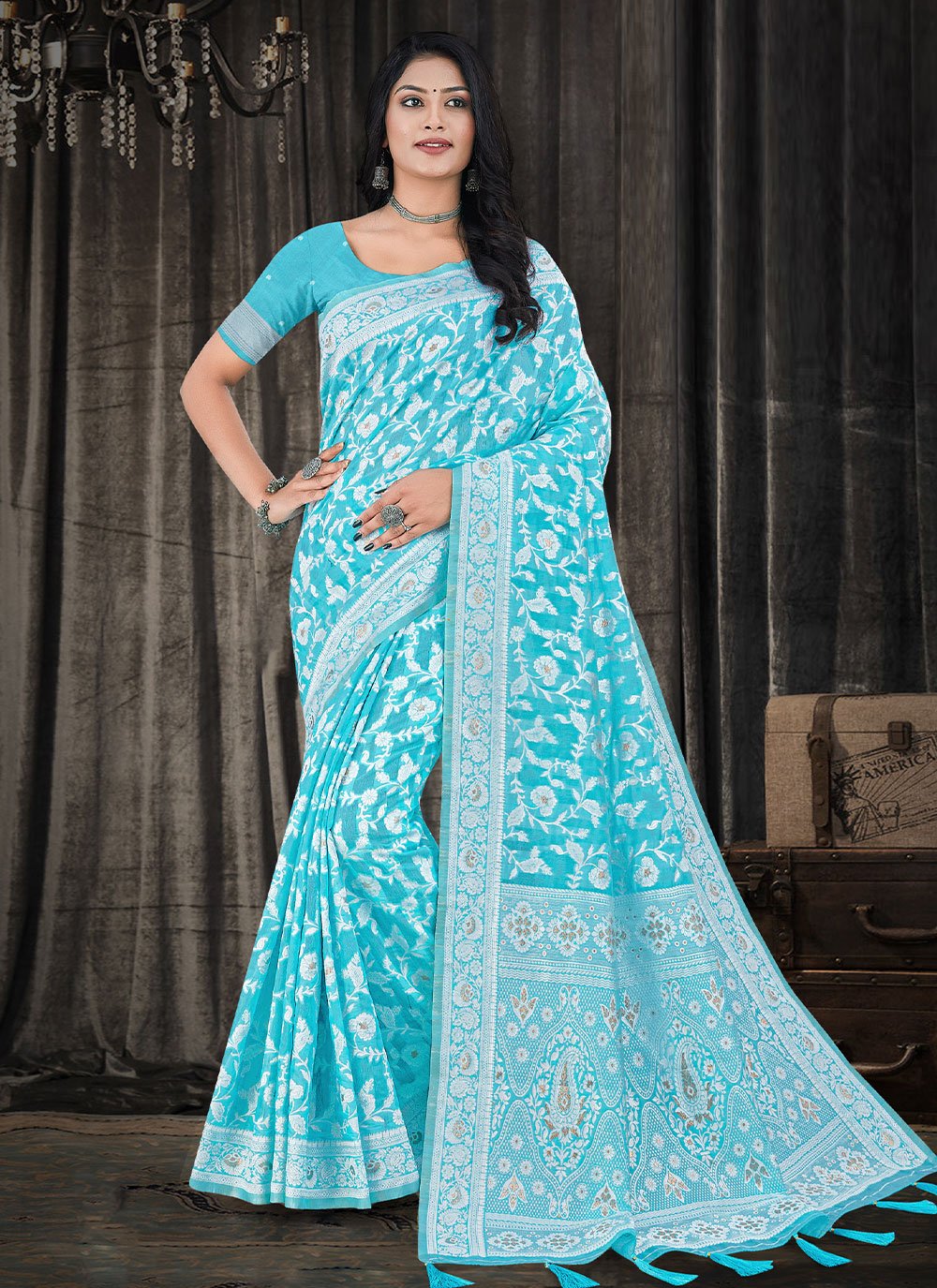 Contemporary Cotton Silk Aqua Blue Resham Saree