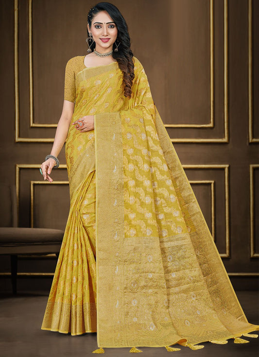 Contemporary Cotton Silk Mustard Woven Saree