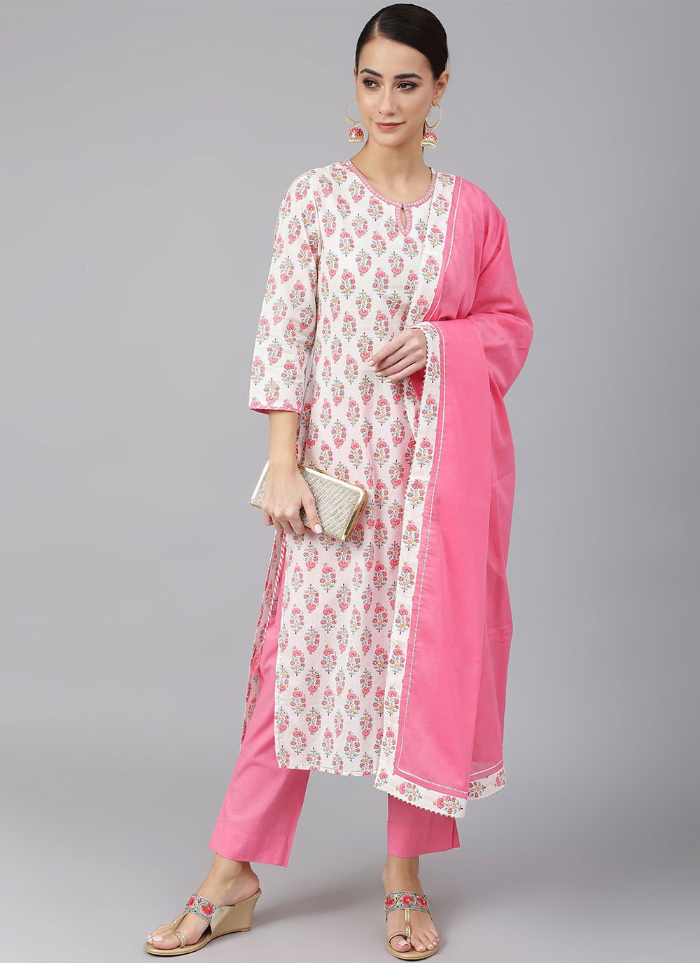 Straight Salwar Suit Cotton Off White Foil Print Salwar Kameez