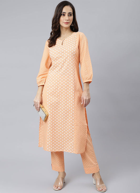 Straight Salwar Suit Cotton Orange Print Salwar Kameez