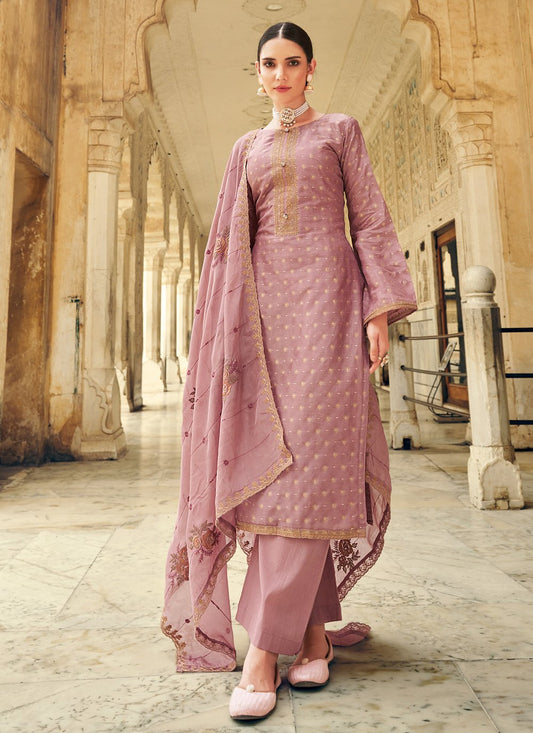 Straight Salwar Suit Cotton Mauve Embroidered Salwar Kameez