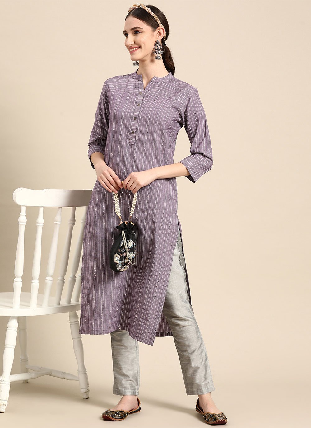 Casual Kurti Cotton Purple Strips Print Kurtis