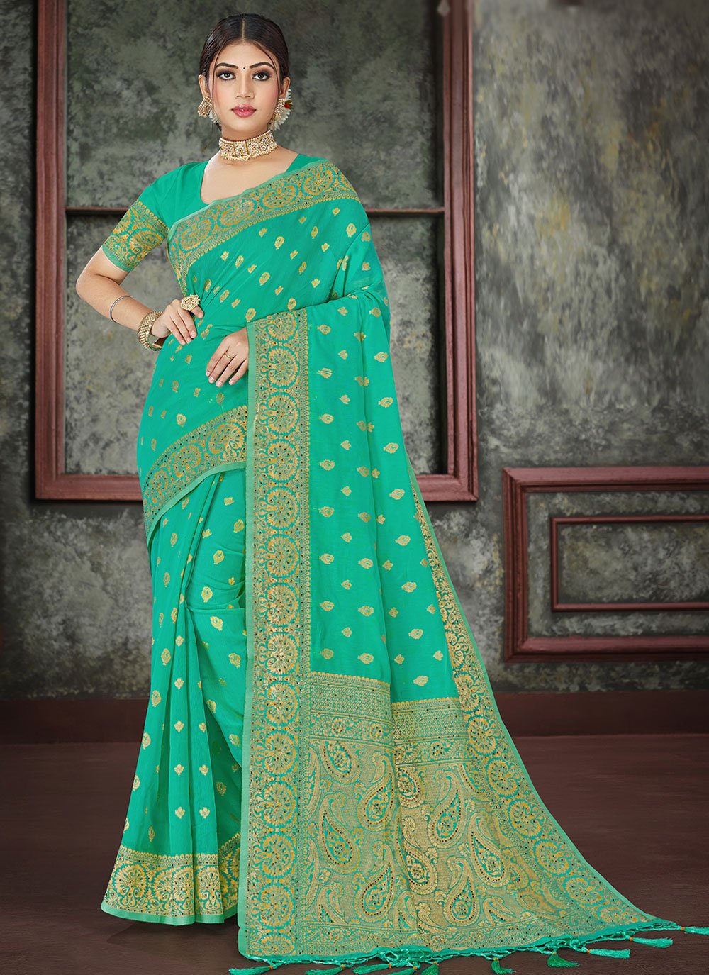 Classic Cotton Sea Green Swarovski Saree