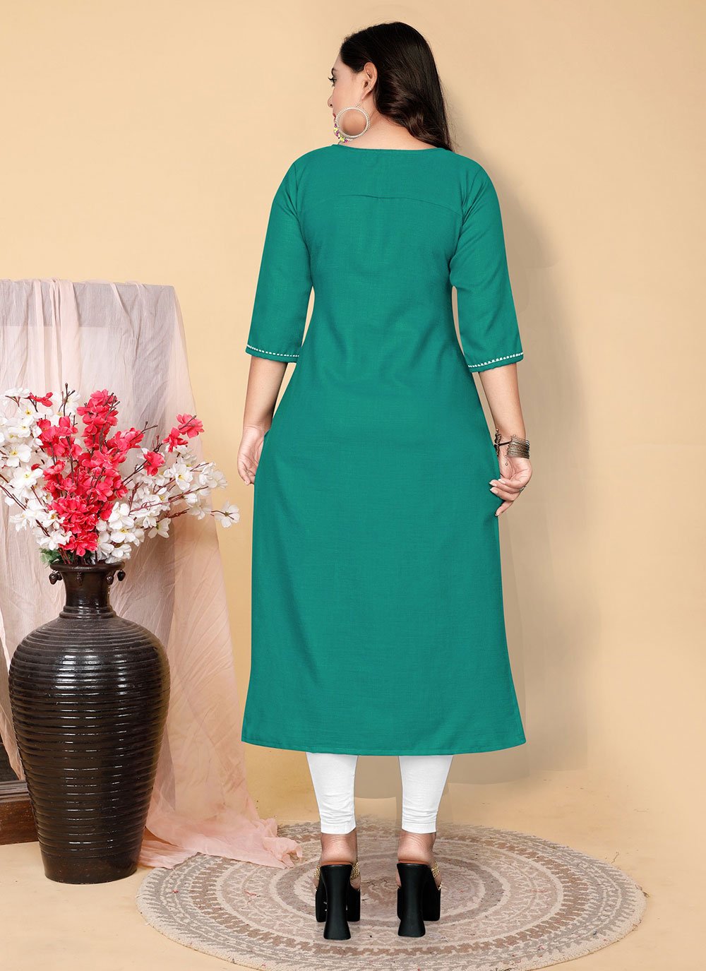 Designer Kurti Cotton Teal Embroidered Kurtis