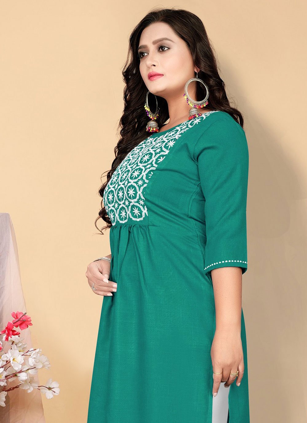 Designer Kurti Cotton Teal Embroidered Kurtis