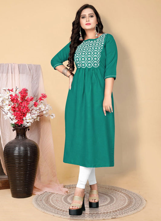 Designer Kurti Cotton Teal Embroidered Kurtis