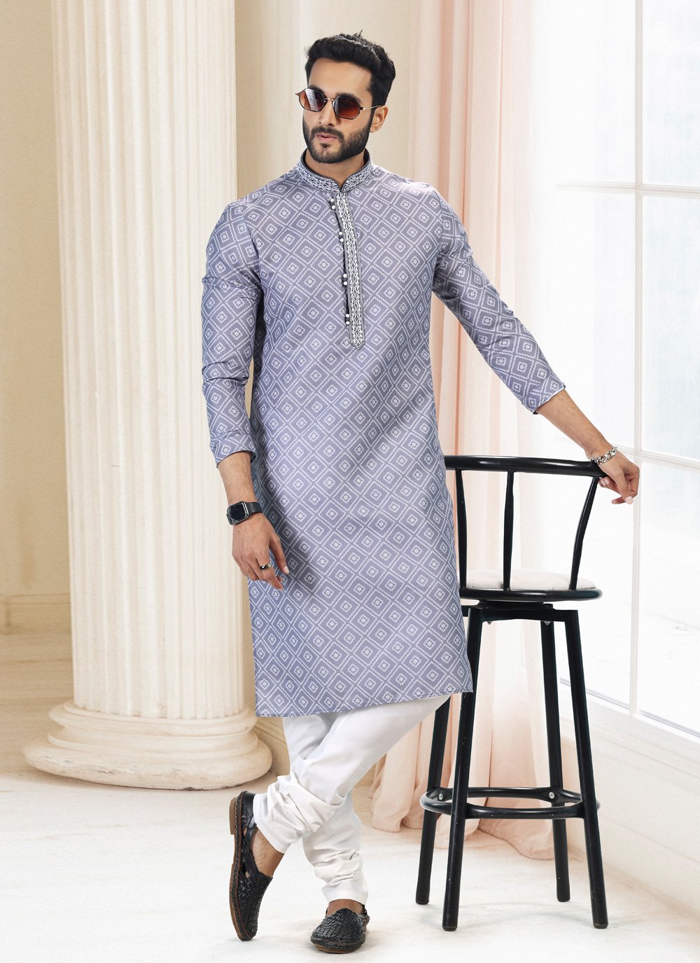 Kurta Pyjama Cotton Grey Fancy Work Mens