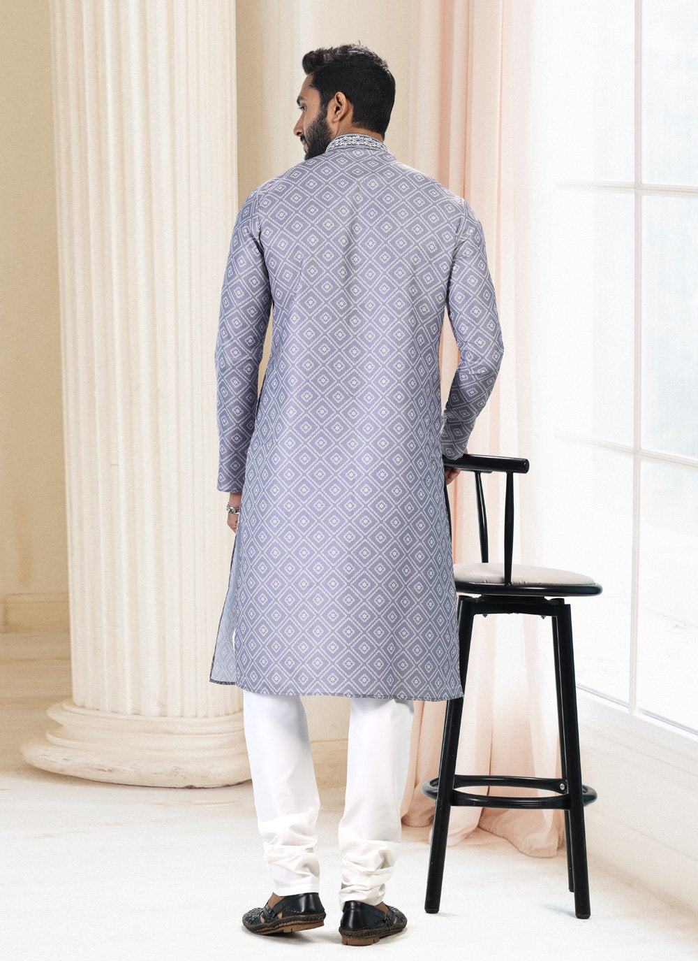 Kurta Pyjama Cotton Grey Fancy Work Mens