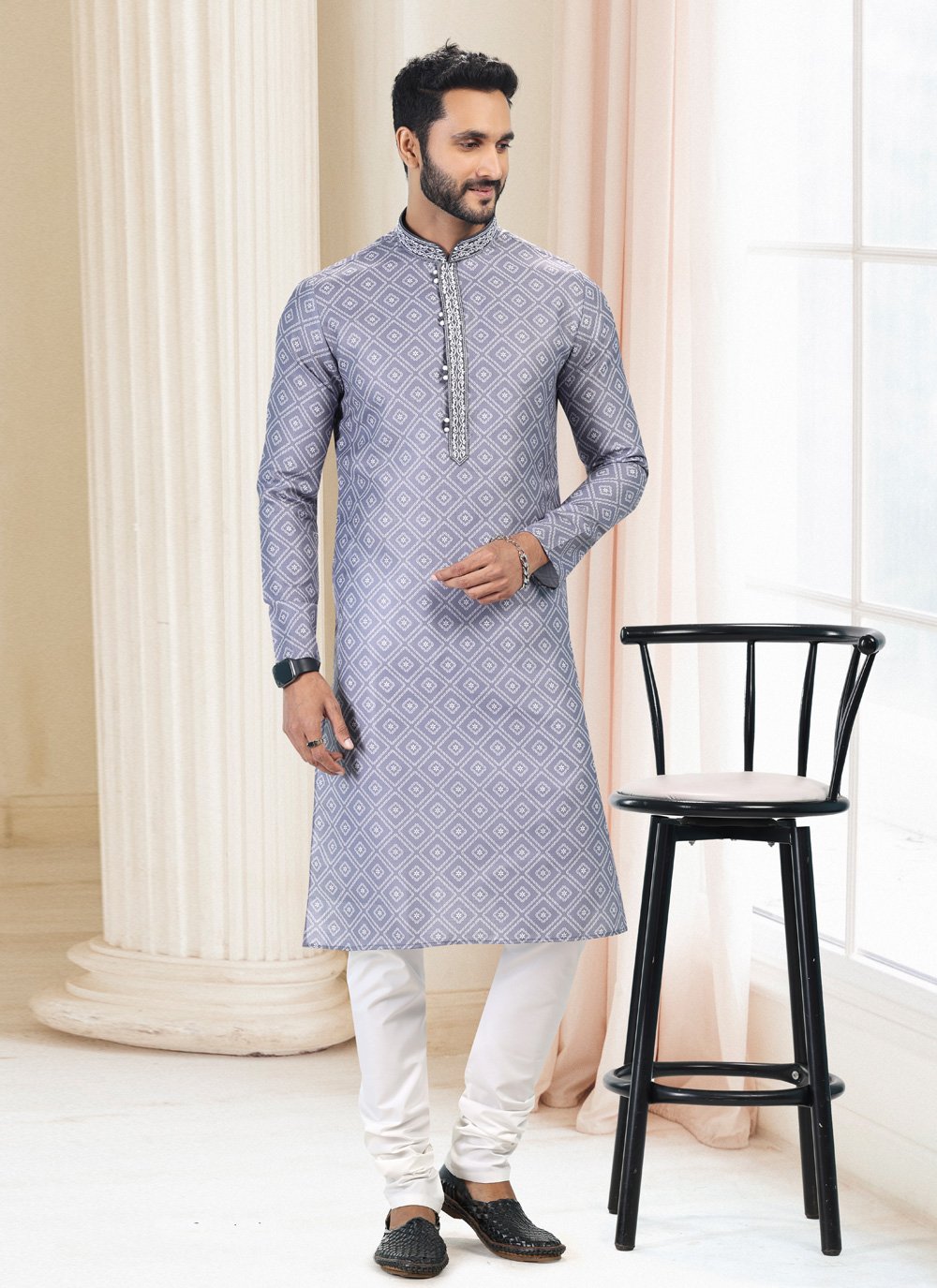 Kurta Pyjama Cotton Grey Fancy Work Mens