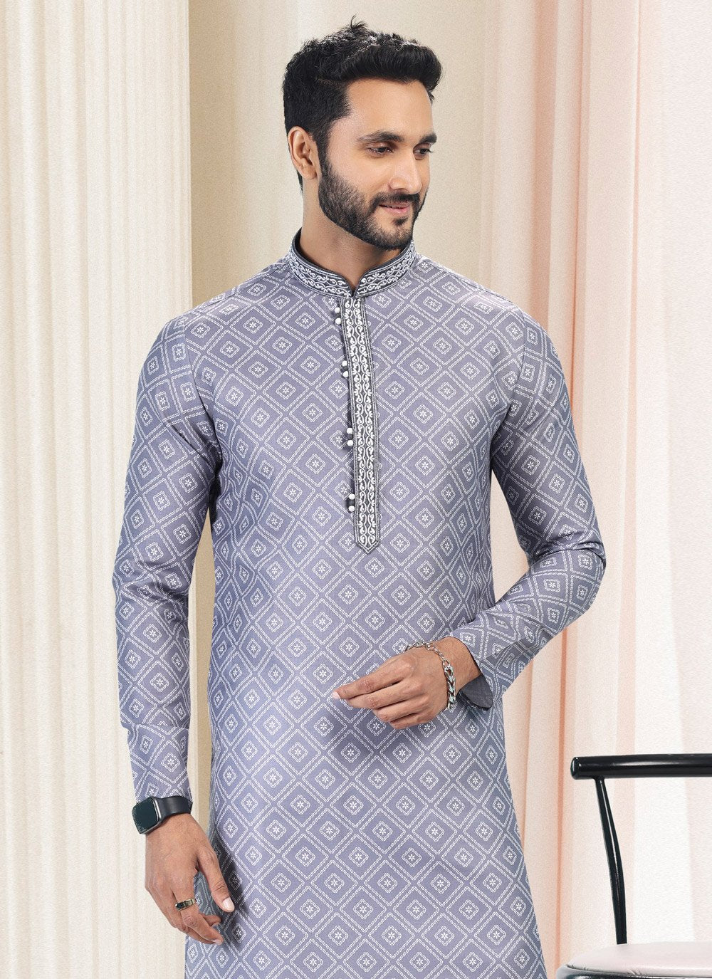 Kurta Pyjama Cotton Grey Fancy Work Mens