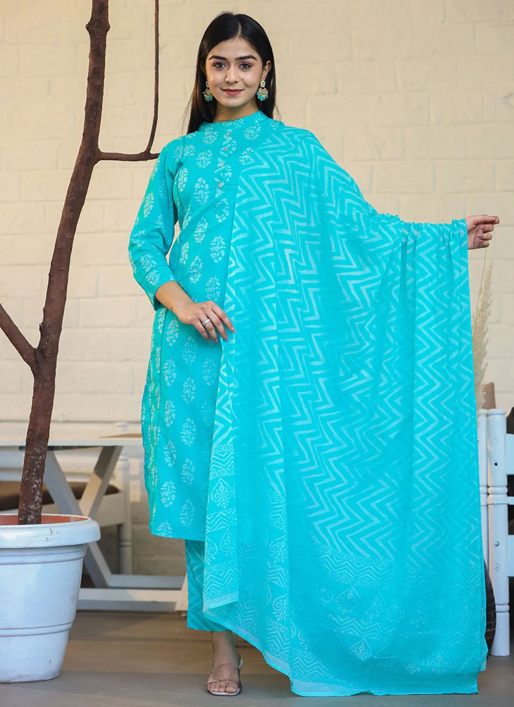 Salwar Suit Cotton Aqua Blue Print Salwar Kameez