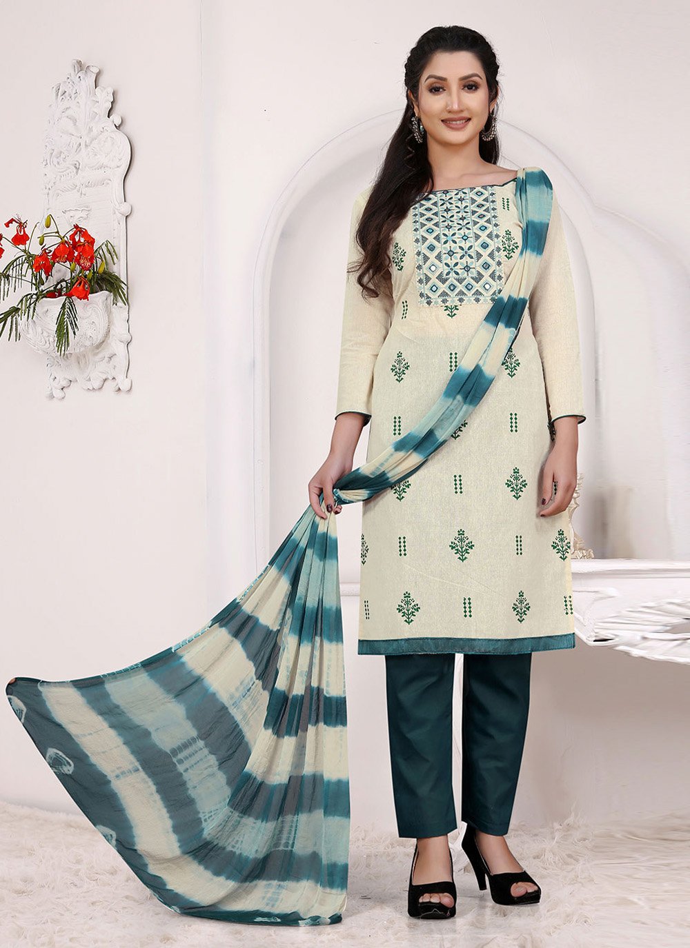 Trendy Suit Cotton Khadi White Embroidered Salwar Kameez