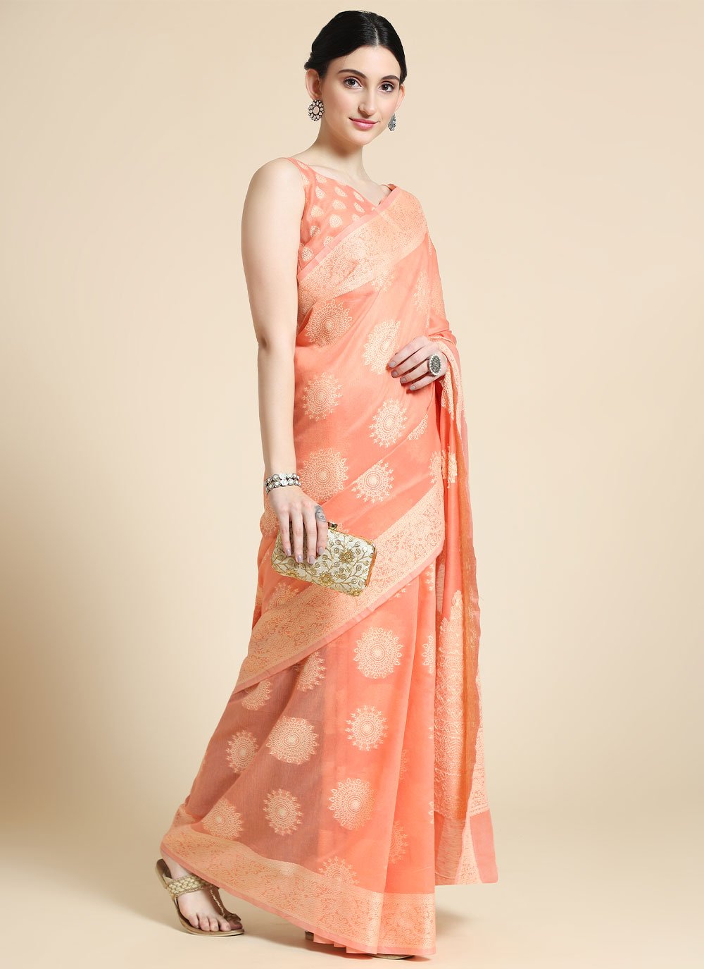 Trendy Saree Cotton Lucknowi Peach Chikankari Work Saree