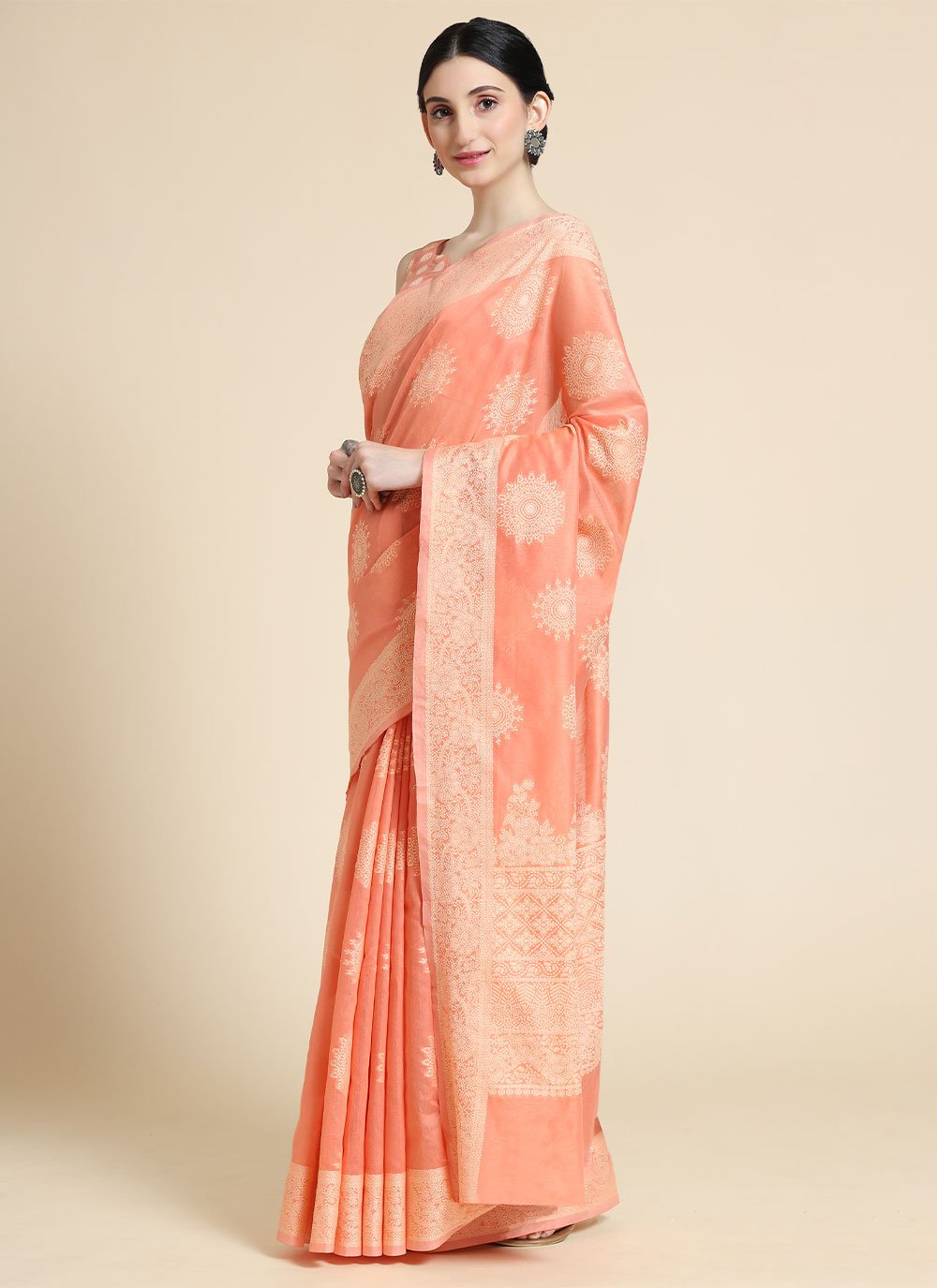 Trendy Saree Cotton Lucknowi Peach Chikankari Work Saree