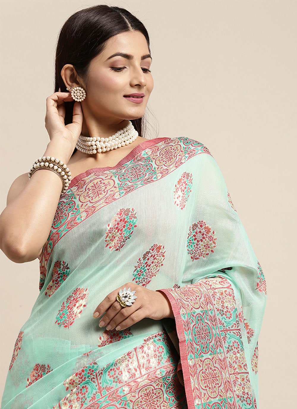 Trendy Saree Cotton Sea Green Woven Saree