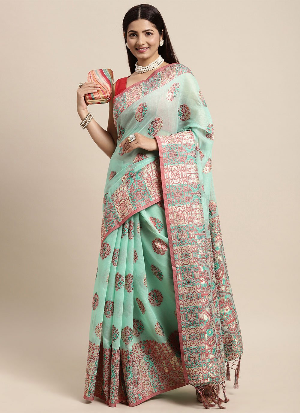 Trendy Saree Cotton Sea Green Woven Saree