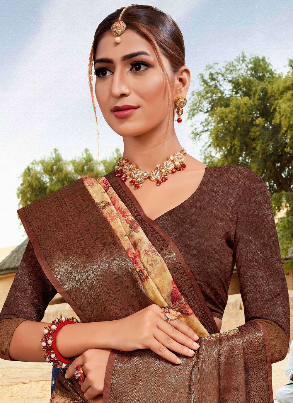 Trendy Saree Banarasi Silk Cotton Brown Digital Print Saree