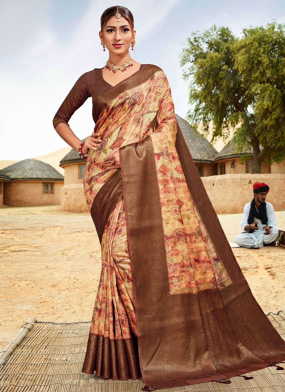 Trendy Saree Banarasi Silk Cotton Brown Digital Print Saree