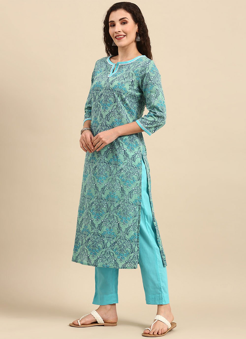 Straight Salwar Suit Cotton Turquoise Floral Patch Salwar Kameez