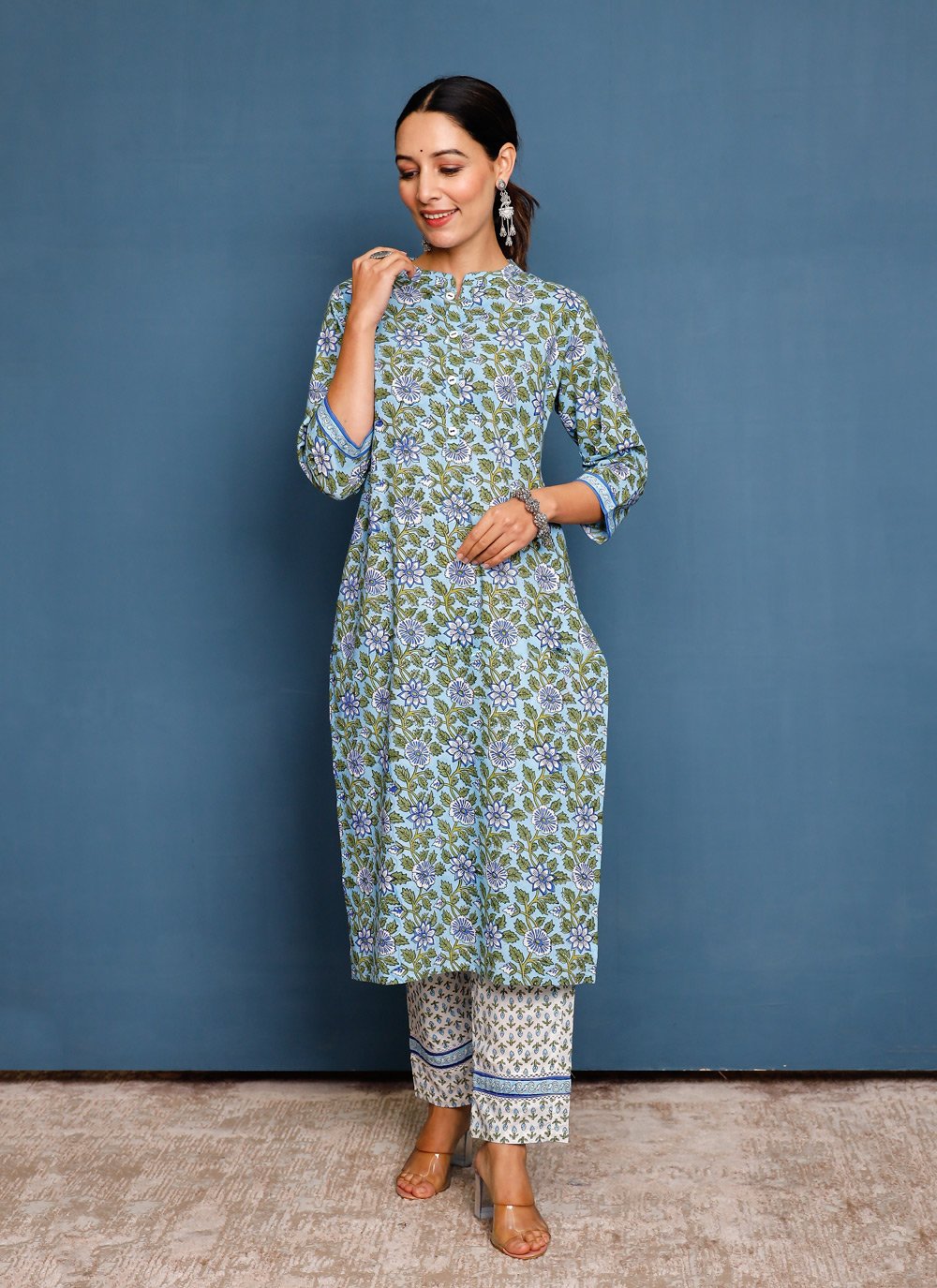 Pant Style Suit Cotton Turquoise Print Salwar Kameez