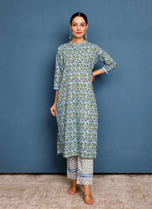 Pant Style Suit Cotton Turquoise Print Salwar Kameez