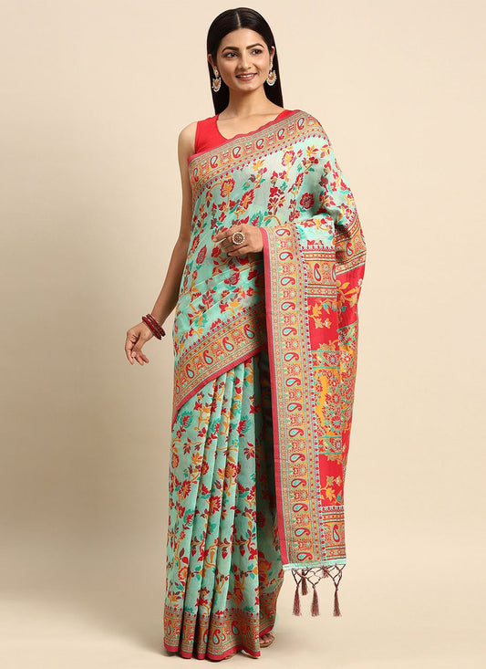 Classic Cotton Turquoise Woven Saree