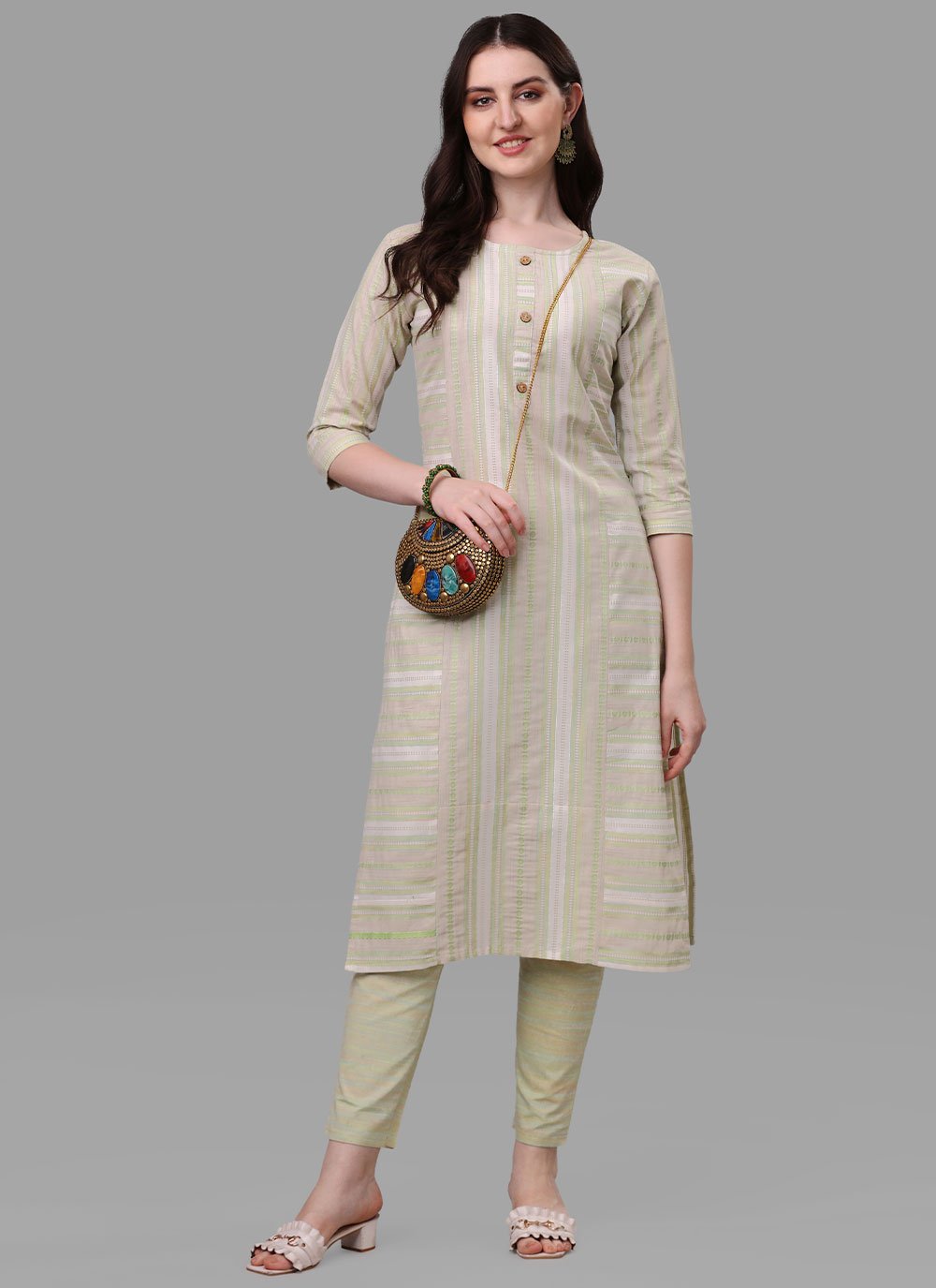 Designer Kurti Cotton Cream Weaving Kurtis