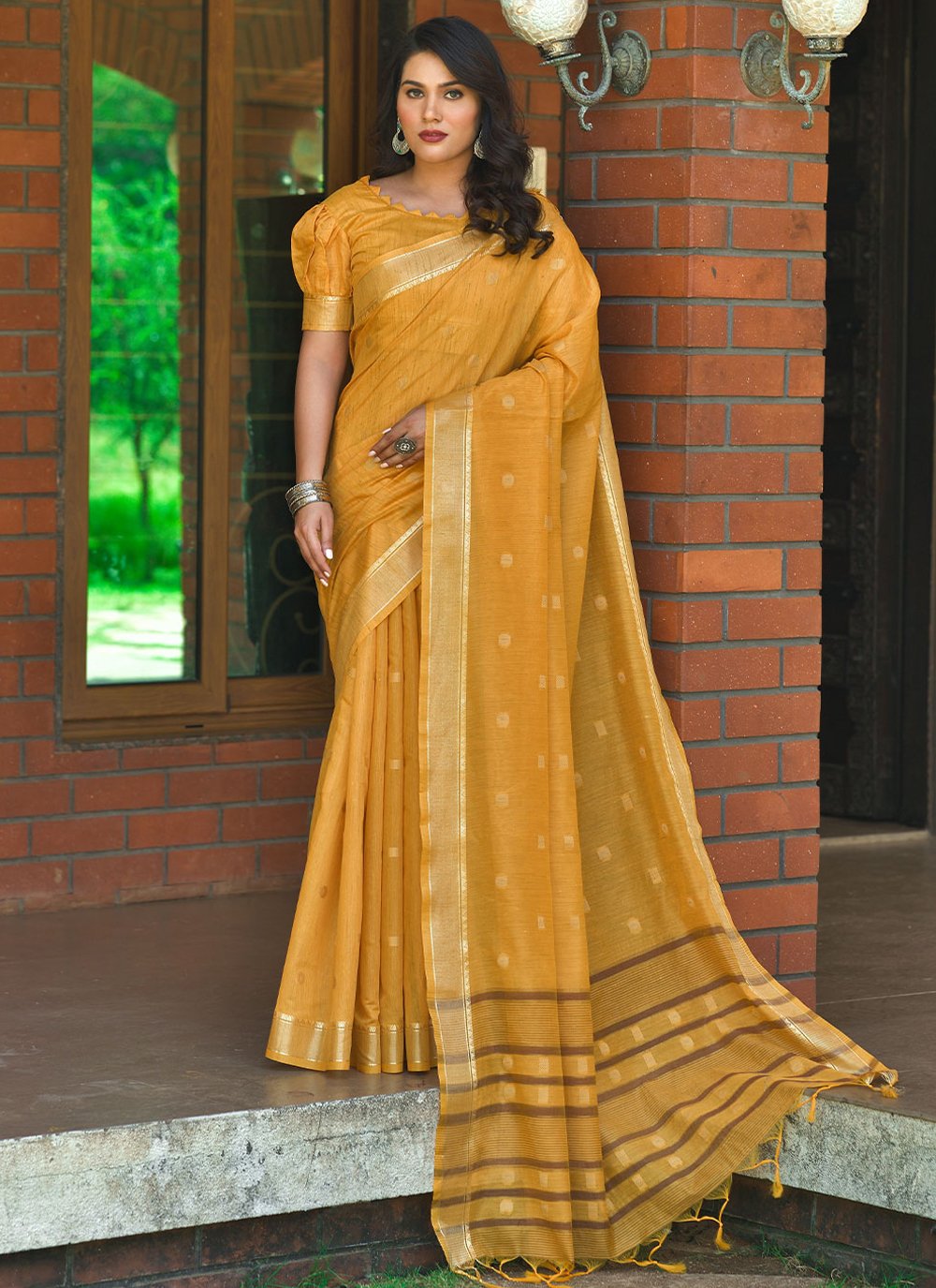 Trendy Saree Cotton Mustard Weaving Saree