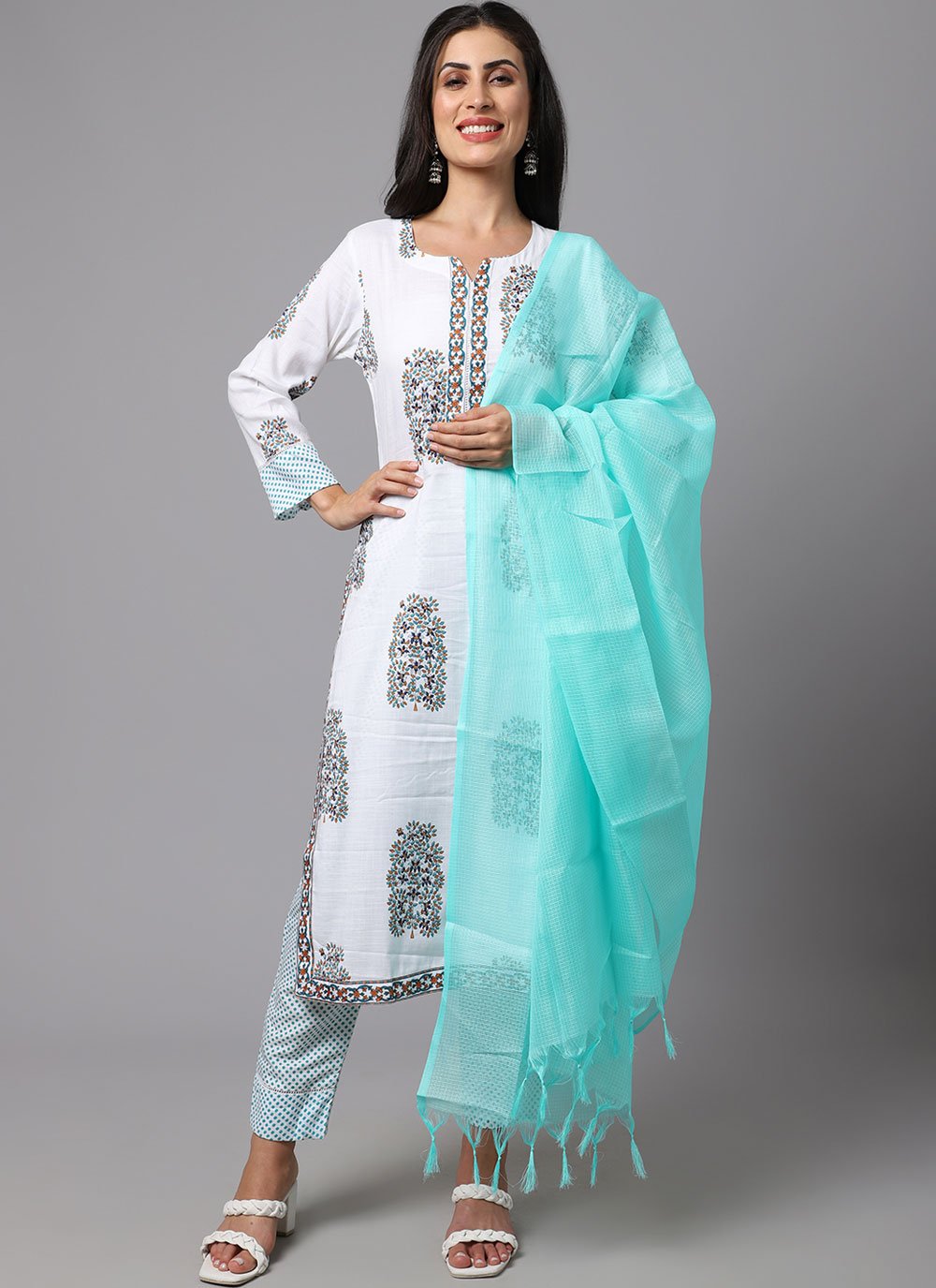 Pant Style Suit Cotton White Print Salwar Kameez