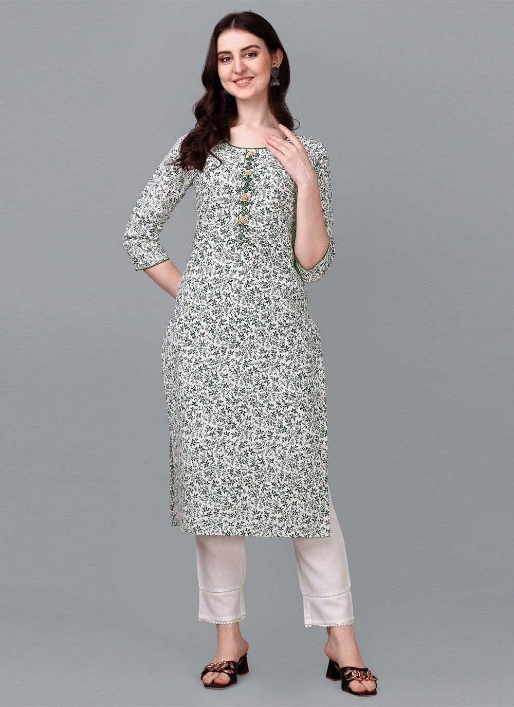 Party Wear Kurti Cotton White Weaving Kurtis