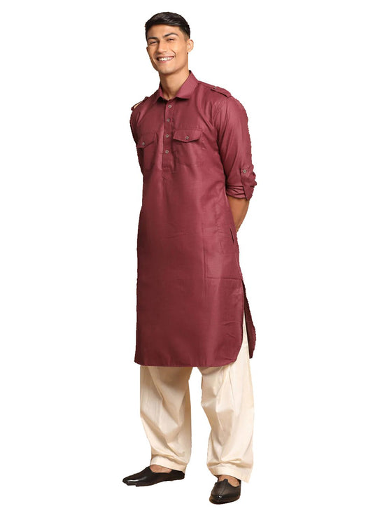 Kurta Pyjama Cotton Wine Plain Mens