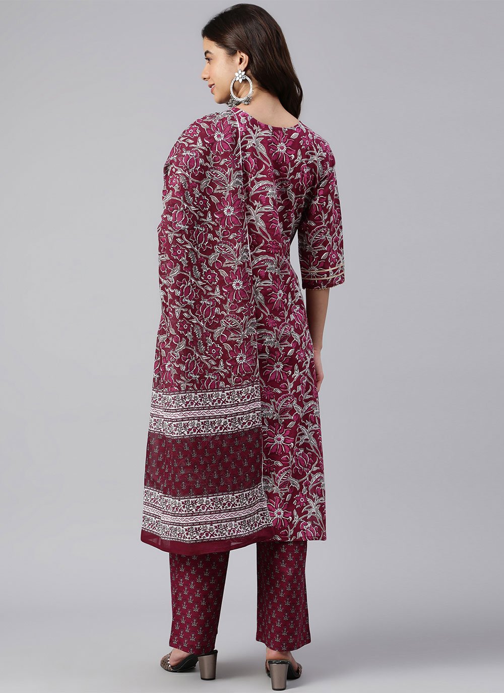 Salwar Suit Cotton Wine Floral Patch Salwar Kameez