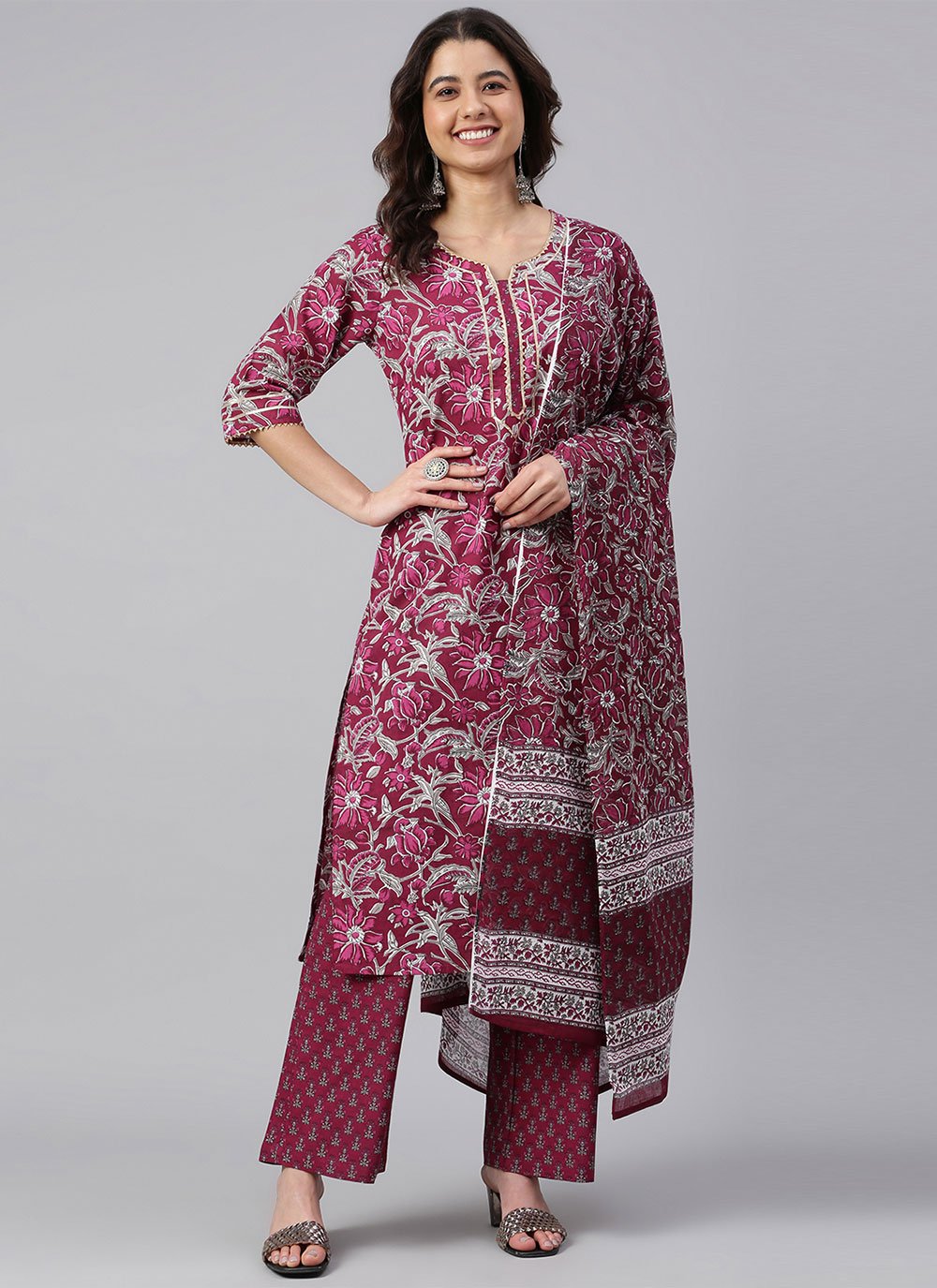 Salwar Suit Cotton Wine Floral Patch Salwar Kameez