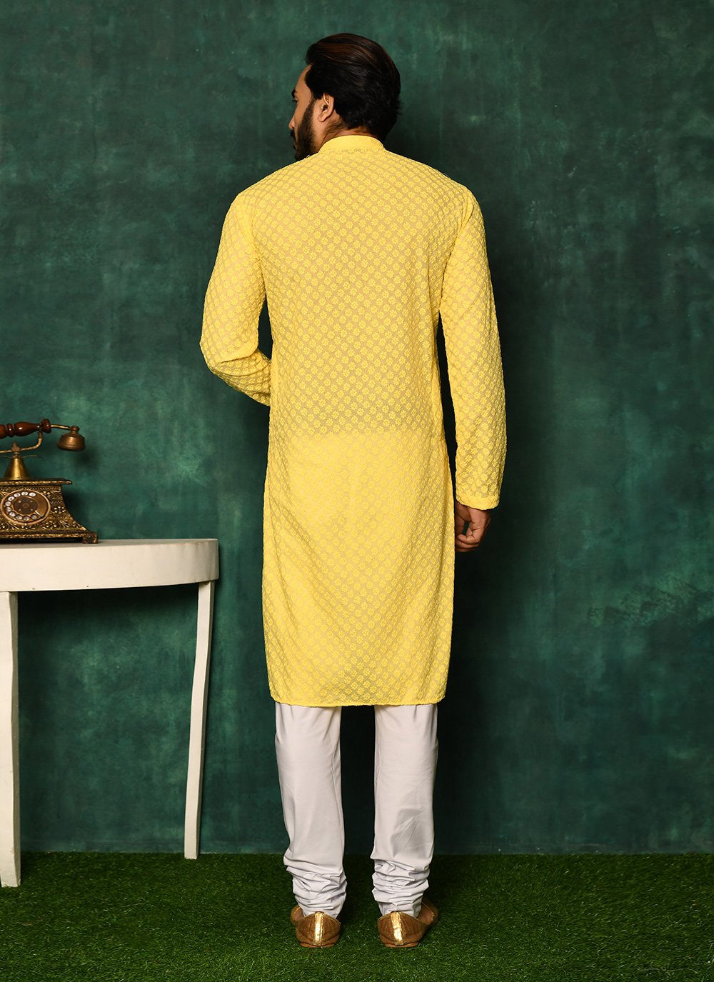 Kurta Pyjama Cotton Yellow Chikankari Work Mens