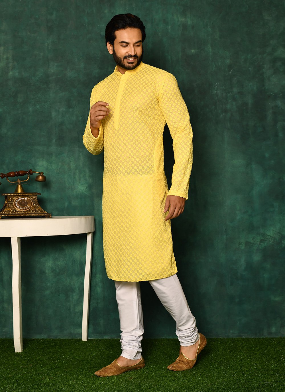 Kurta Pyjama Cotton Yellow Chikankari Work Mens