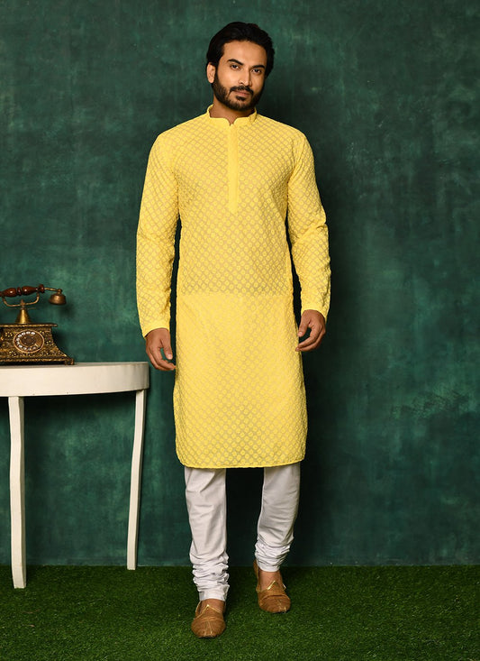 Kurta Pyjama Cotton Yellow Chikankari Work Mens