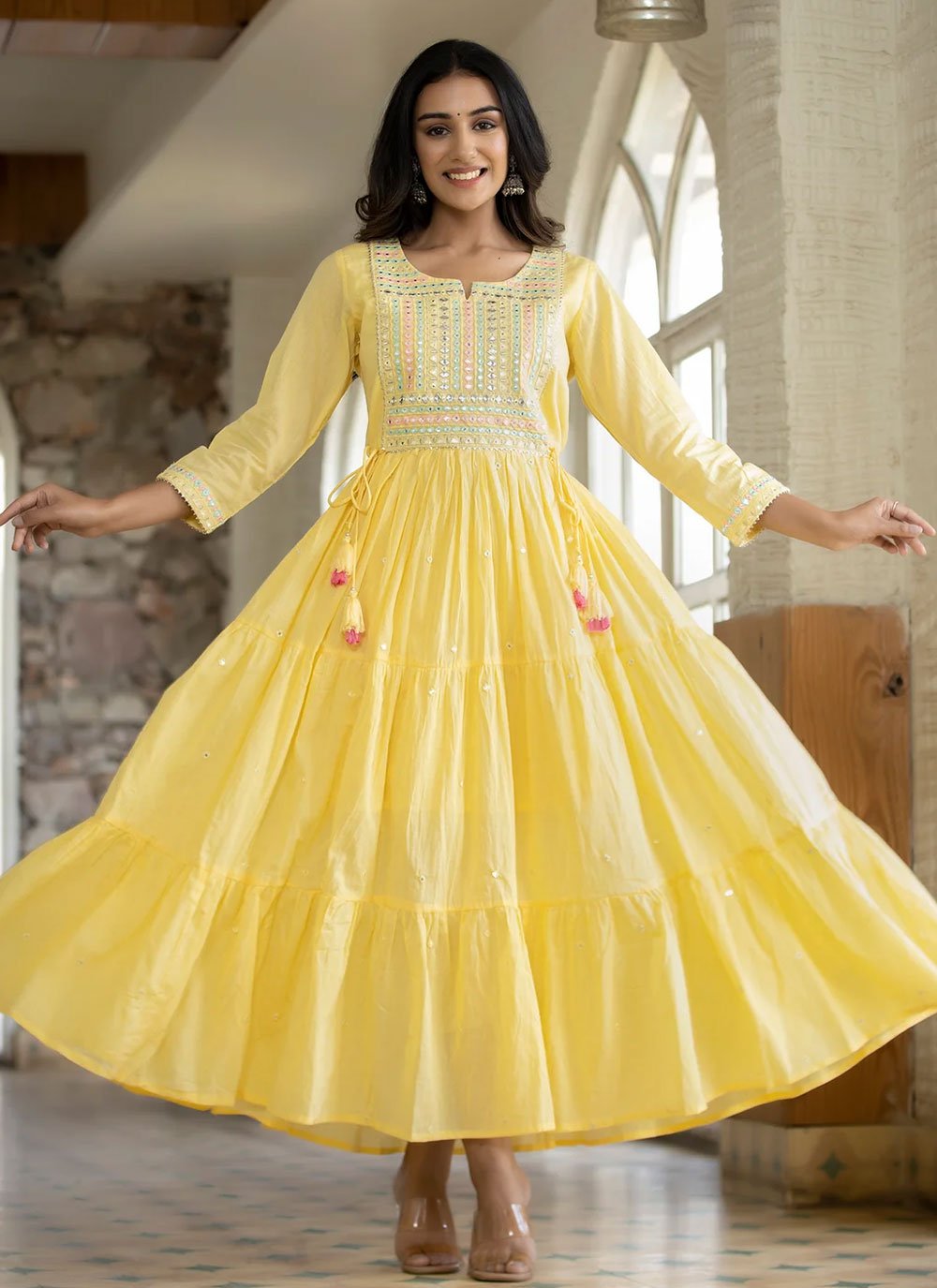 Gown Cotton Yellow Embroidered Gown