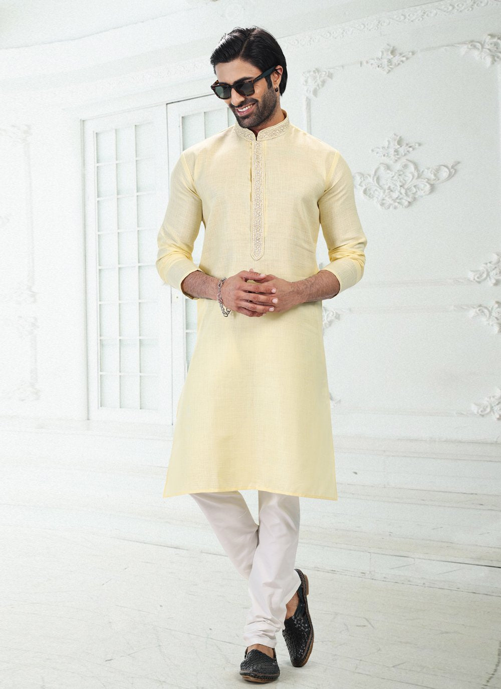 Kurta Pyjama Cotton Linen Yellow Thread Mens