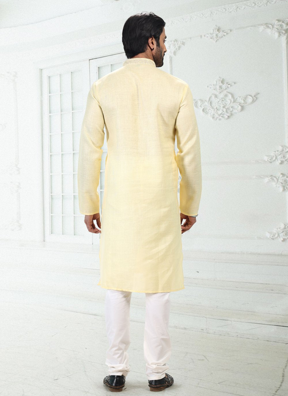 Kurta Pyjama Cotton Linen Yellow Thread Mens