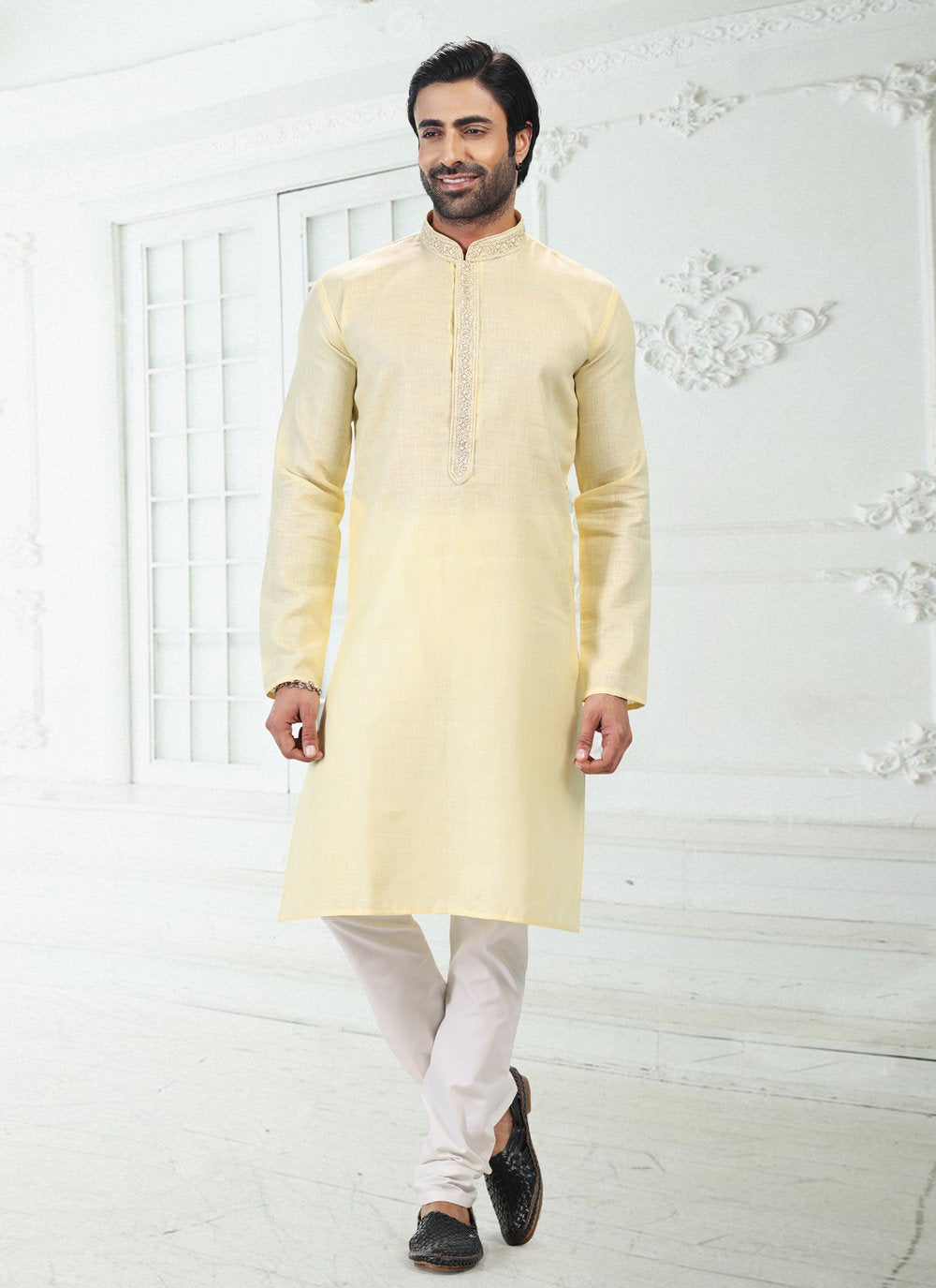 Kurta Pyjama Cotton Linen Yellow Thread Mens