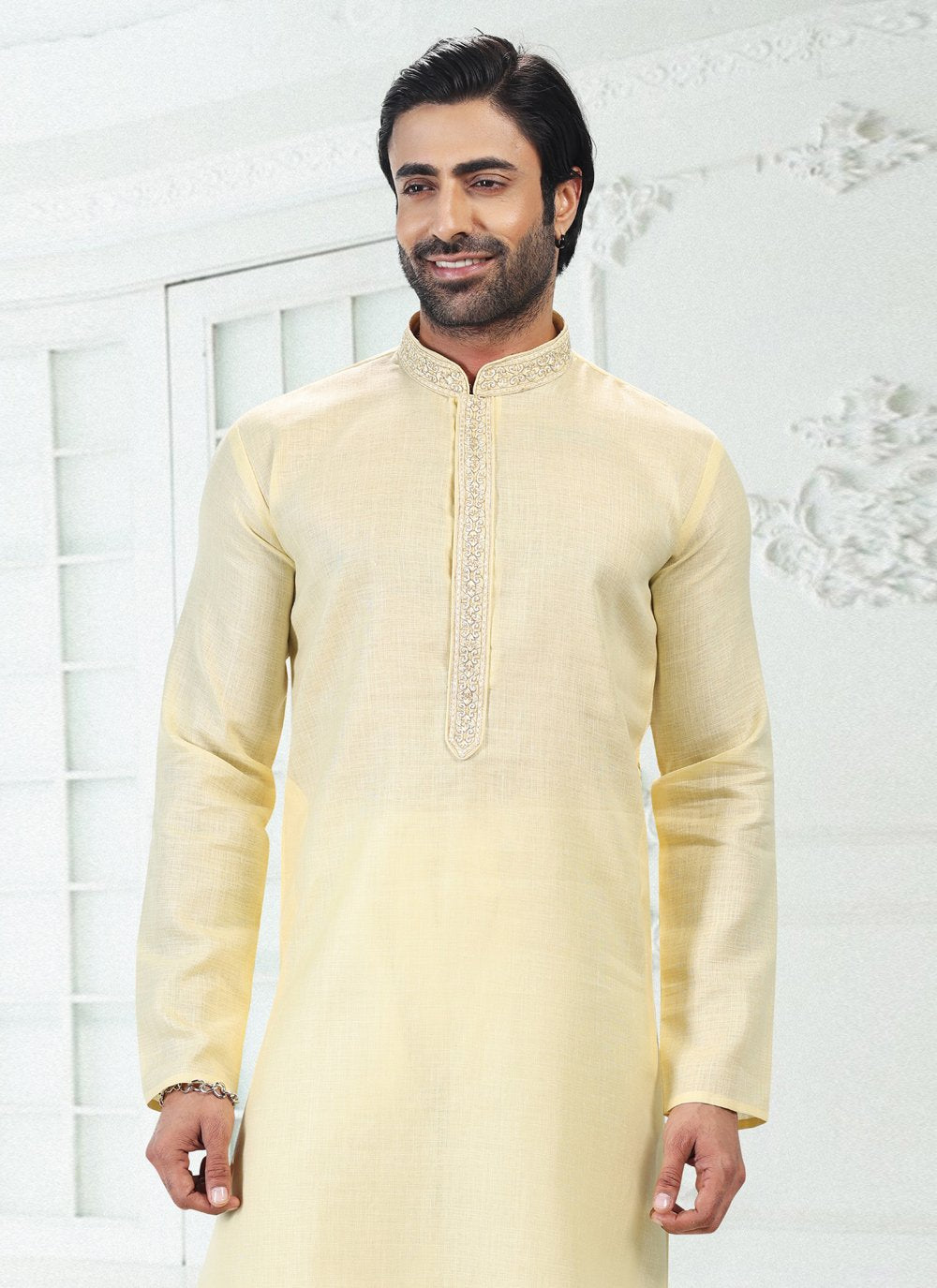 Kurta Pyjama Cotton Linen Yellow Thread Mens