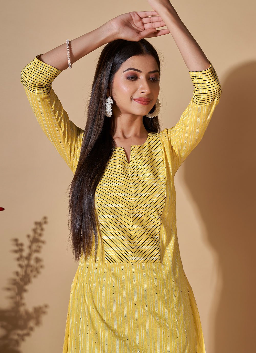 Party Wear Kurti Cotton Yellow Sequins Kurtis