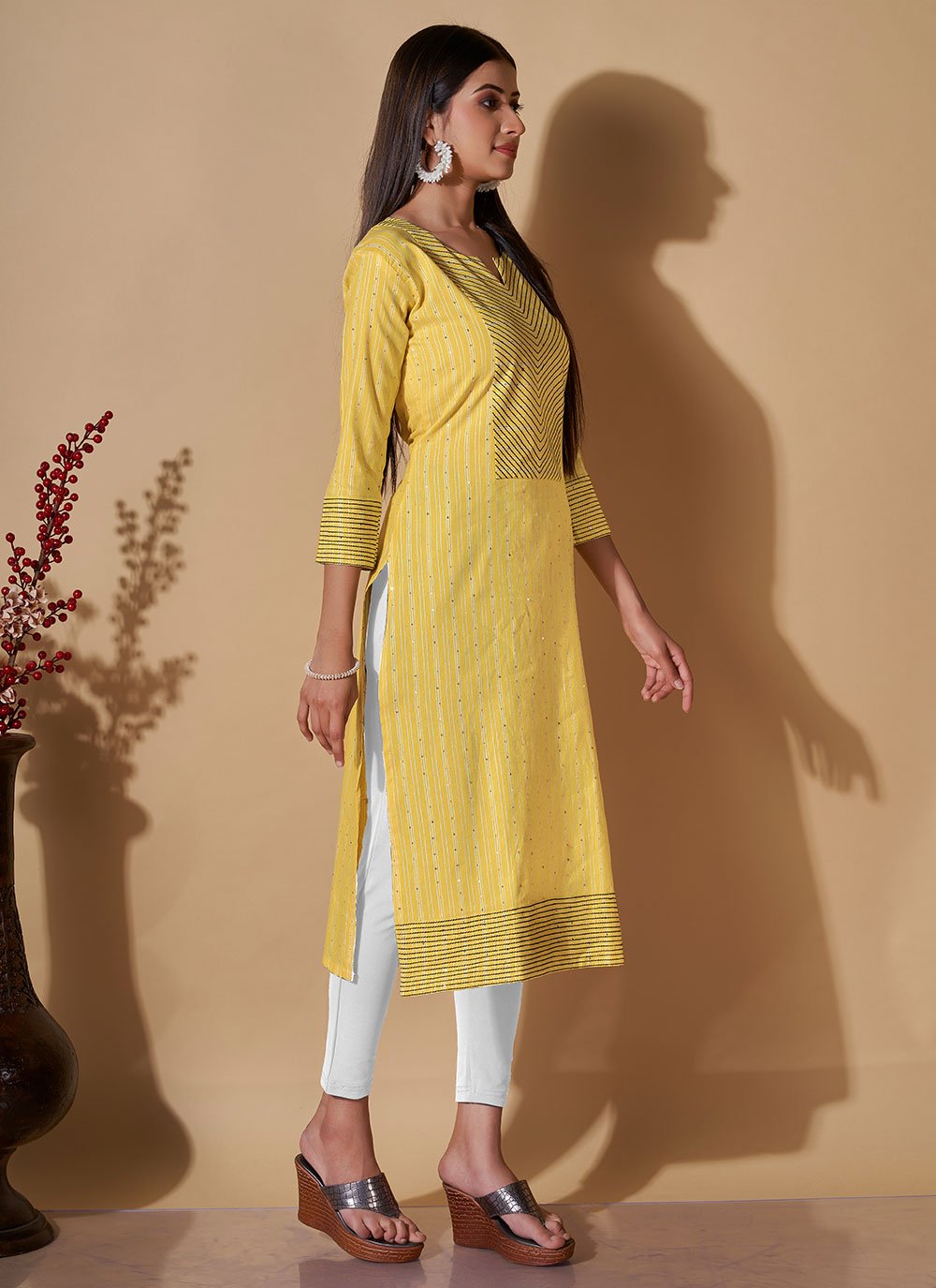 Party Wear Kurti Cotton Yellow Sequins Kurtis