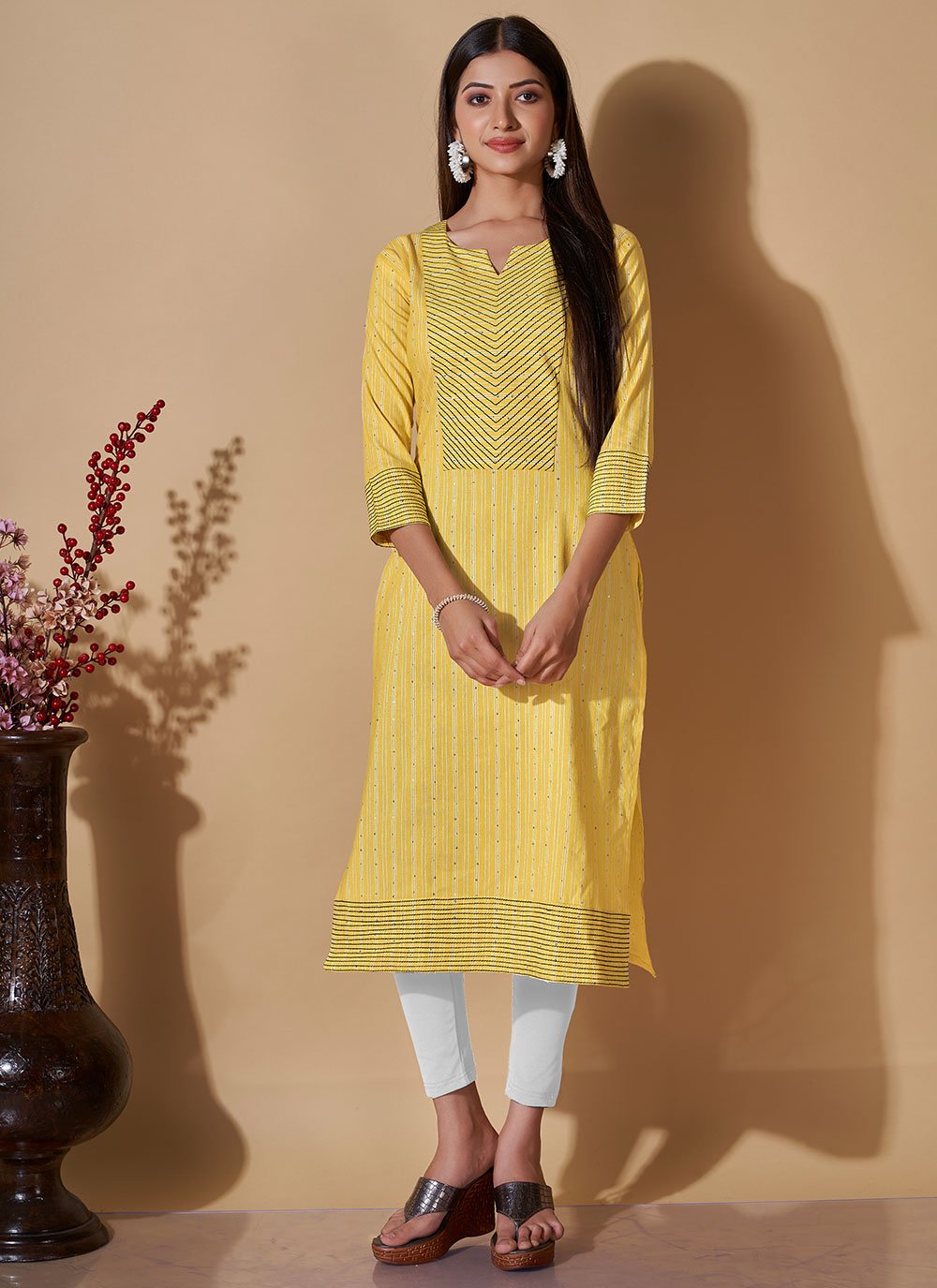 Party Wear Kurti Cotton Yellow Sequins Kurtis