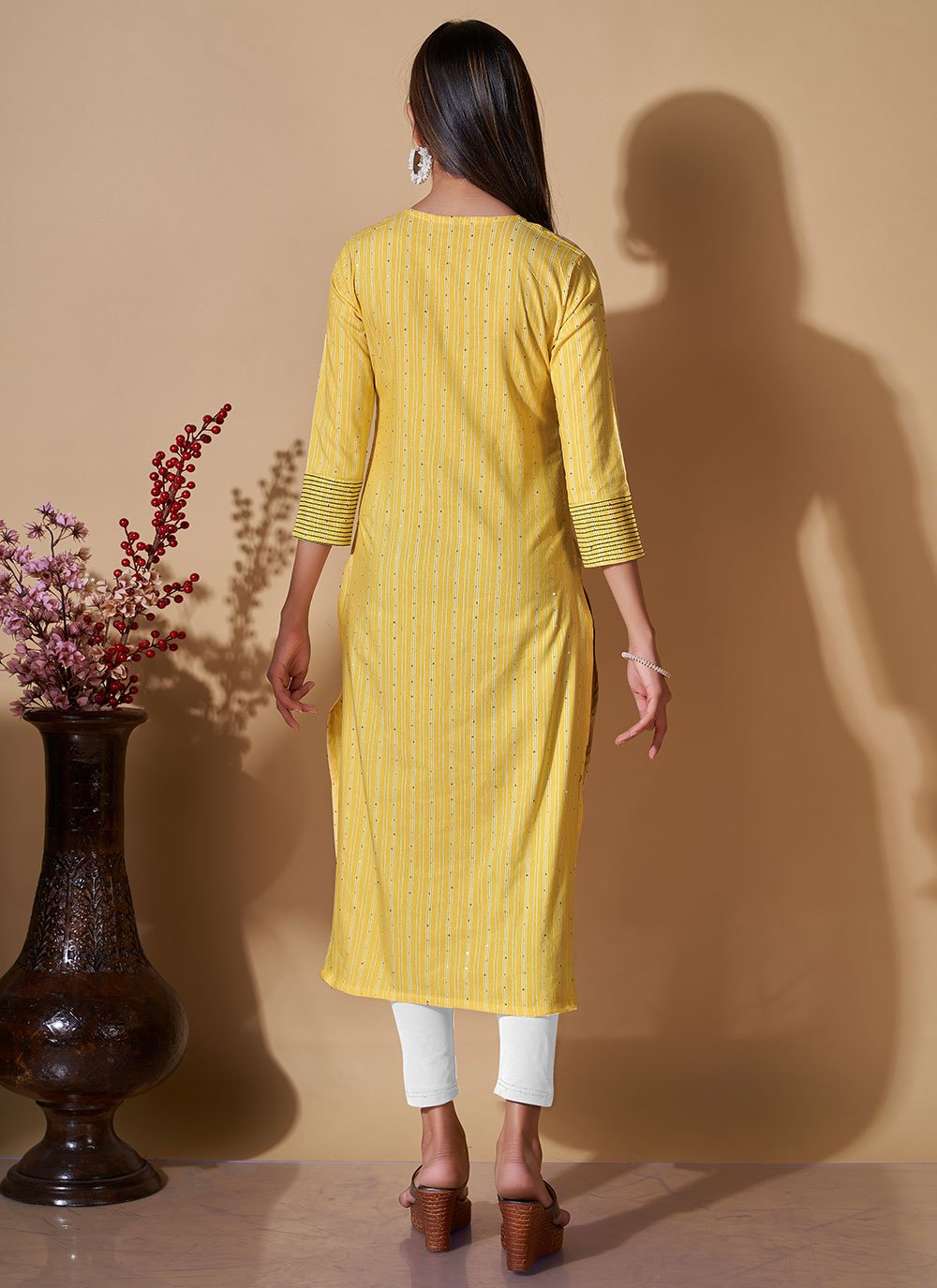 Party Wear Kurti Cotton Yellow Sequins Kurtis